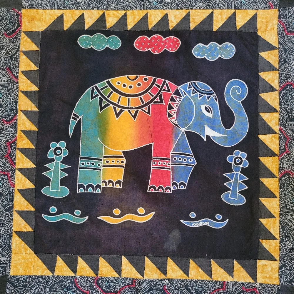 Handmade Original Summer Quilt Colorful Elephant Batik Embroidered 45x45